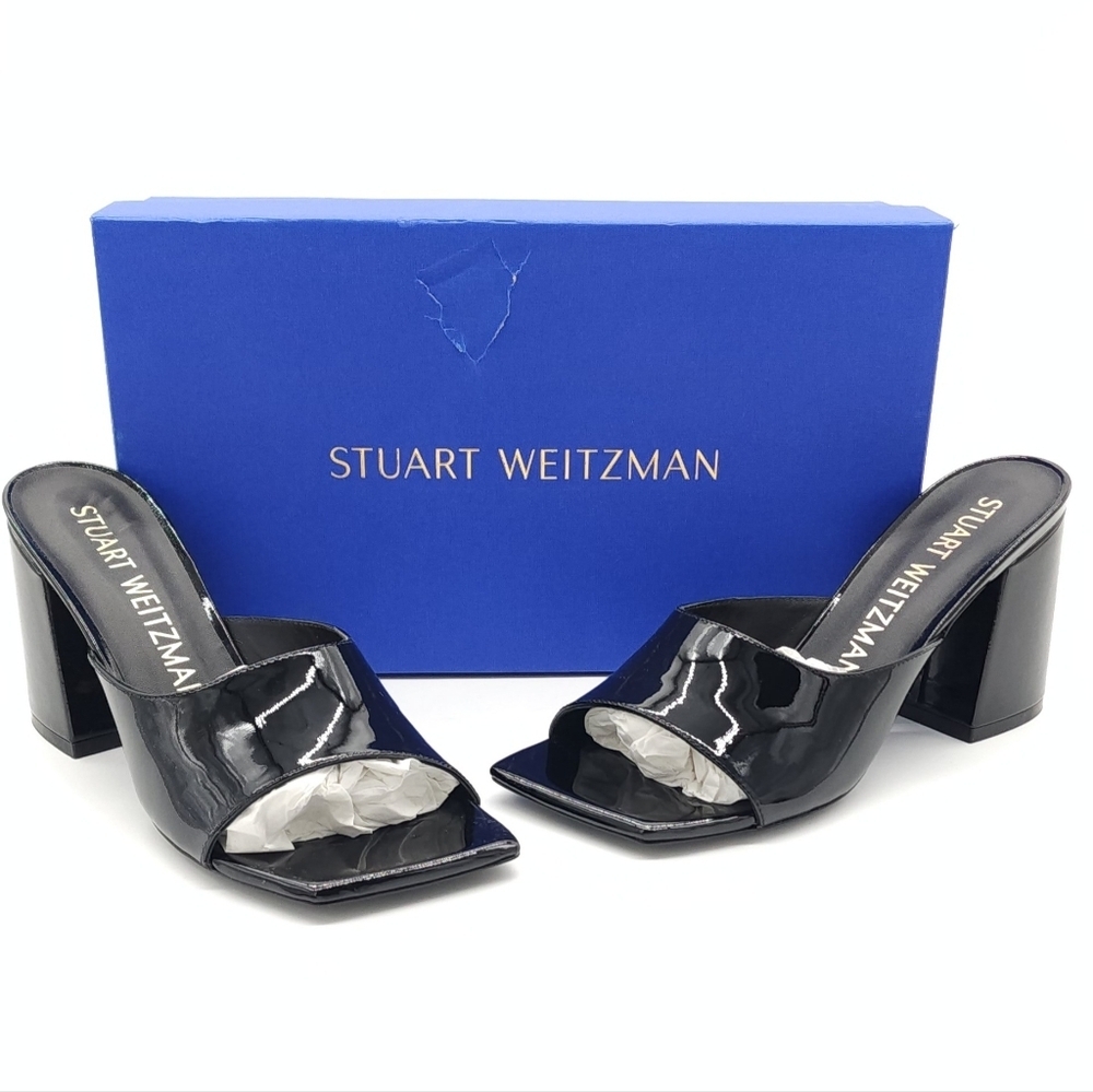 $525 Stuart Weitzman TIA 85 Flareblock Black Patent Open Toe Slide Size 8